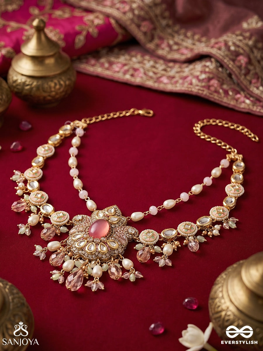 Gulaabika – Rose-Tinted Beauty – Festive Necklace With Blush Pink Centerpiece, Mirror-Like Stone Links, Pearl Details And Delicate Pastel Drop Accents