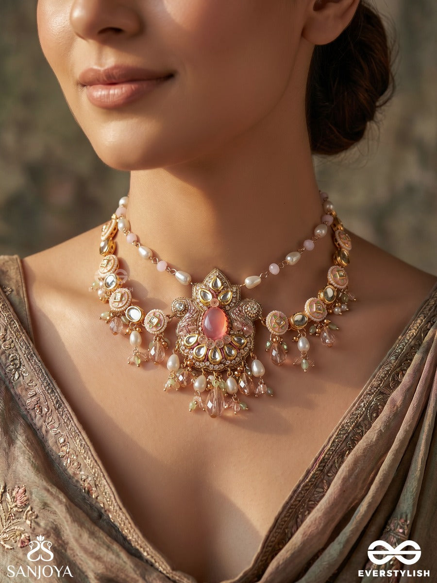 Gulaabika – Rose-Tinted Beauty – Festive Necklace With Blush Pink Centerpiece, Mirror-Like Stone Links, Pearl Details And Delicate Pastel Drop Accents