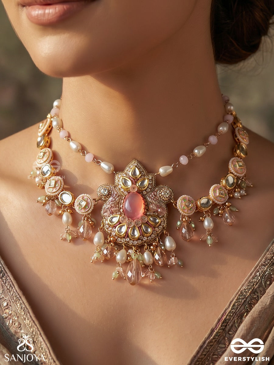 Gulaabika – Rose-Tinted Beauty – Festive Necklace With Blush Pink Centerpiece, Mirror-Like Stone Links, Pearl Details And Delicate Pastel Drop Accents