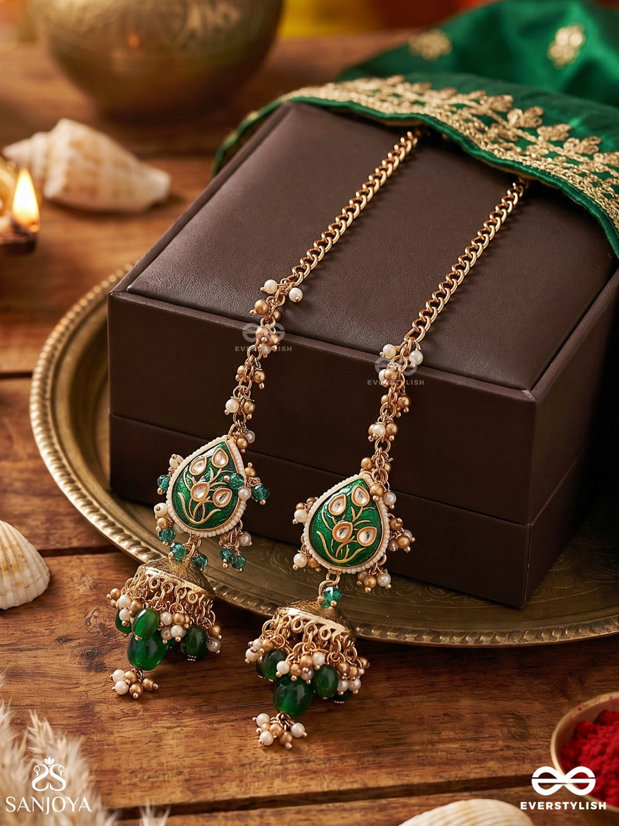 Haritjhumra – Green Sway – Ornate Kaan Chain Earrings With Green Teardrop Motifs, Gold-Tone Jhumka Ends, Pearl Accents And Dangling Bead Details