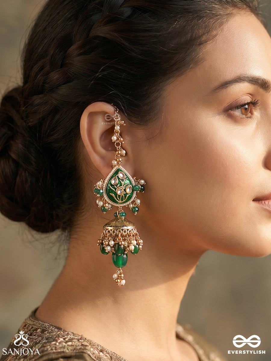 Haritjhumra – Green Sway – Ornate Kaan Chain Earrings With Green Teardrop Motifs, Gold-Tone Jhumka Ends, Pearl Accents And Dangling Bead Details