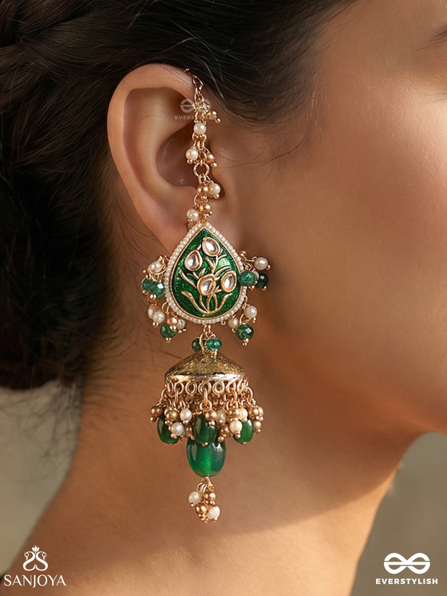 Haritjhumra – Green Sway – Ornate Kaan Chain Earrings With Green Teardrop Motifs, Gold-Tone Jhumka Ends, Pearl Accents And Dangling Bead Details