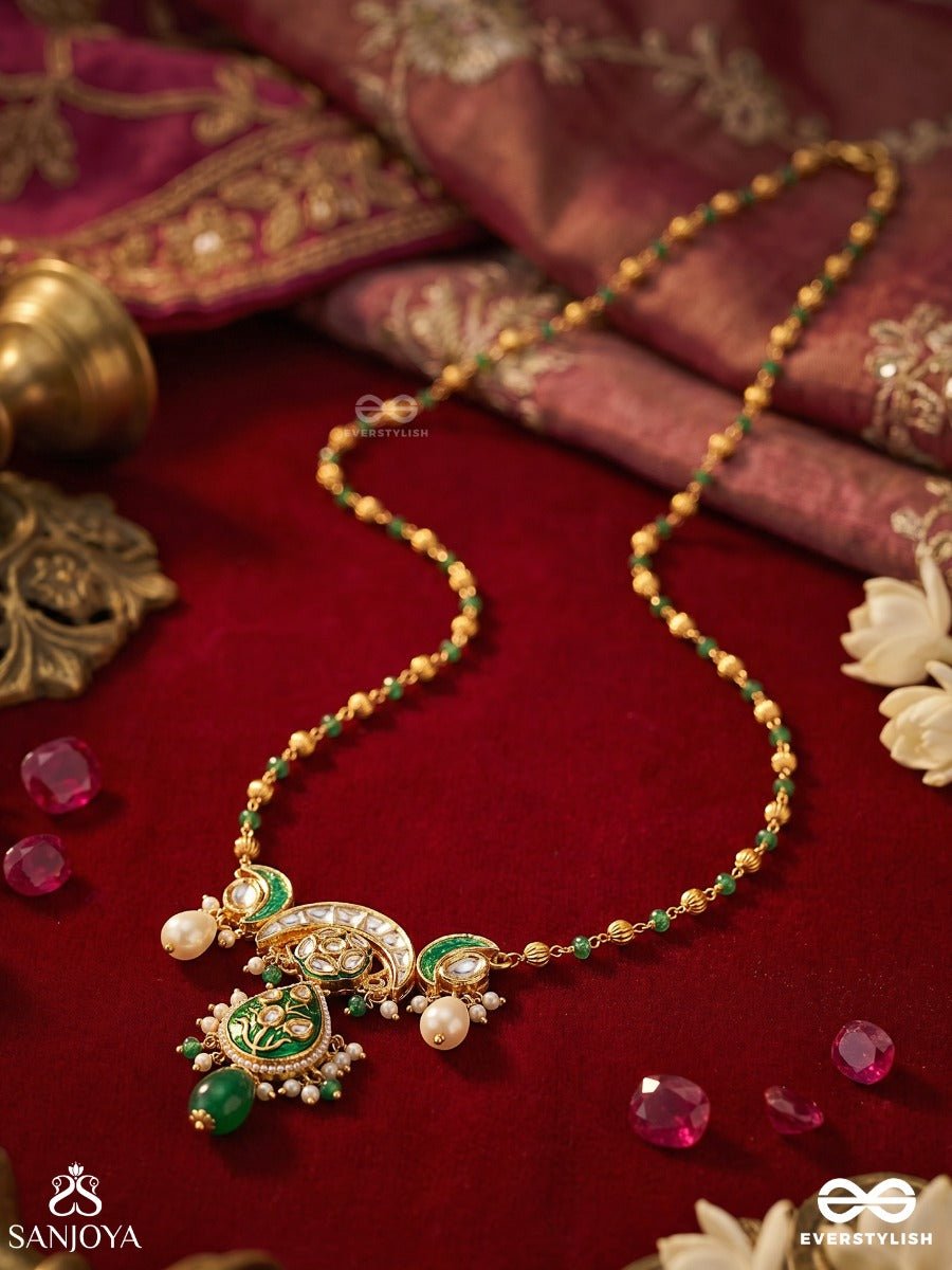 Ruchilekha – Beautiful Trace – Delicate Long Necklace With Slim Chain Strands, Ornamental Centerpiece And Soft Dangling Details