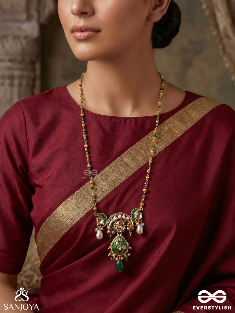Ruchilekha – Beautiful Trace – Delicate Long Necklace With Slim Chain Strands, Ornamental Centerpiece And Soft Dangling Details
