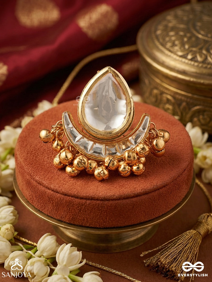 Kashirindu – Kashmiri Moon – Ornate Kashmiri Ring With Teardrop Mirror Stone, Crescent Base And Gold-Tone Bead Fringe