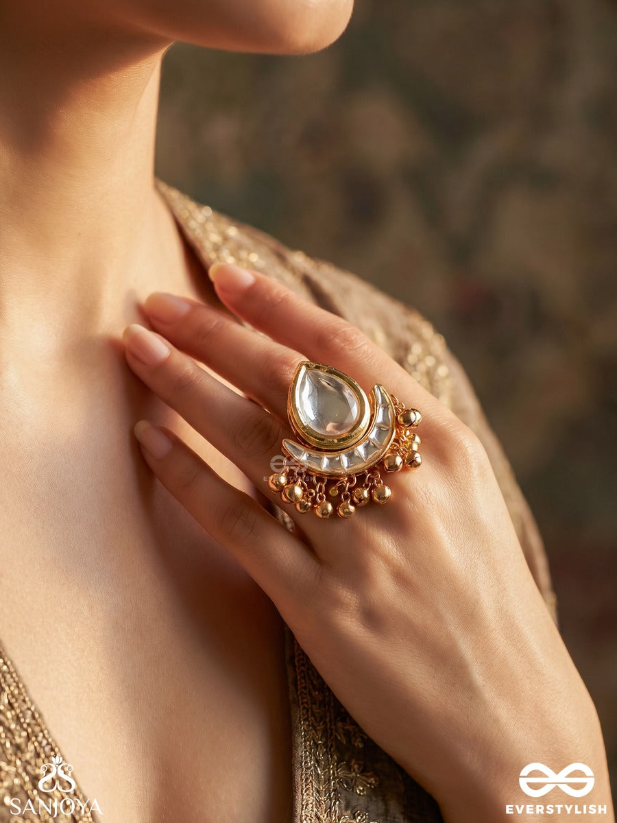 Kashirindu – Kashmiri Moon – Ornate Kashmiri Ring With Teardrop Mirror Stone, Crescent Base And Gold-Tone Bead Fringe