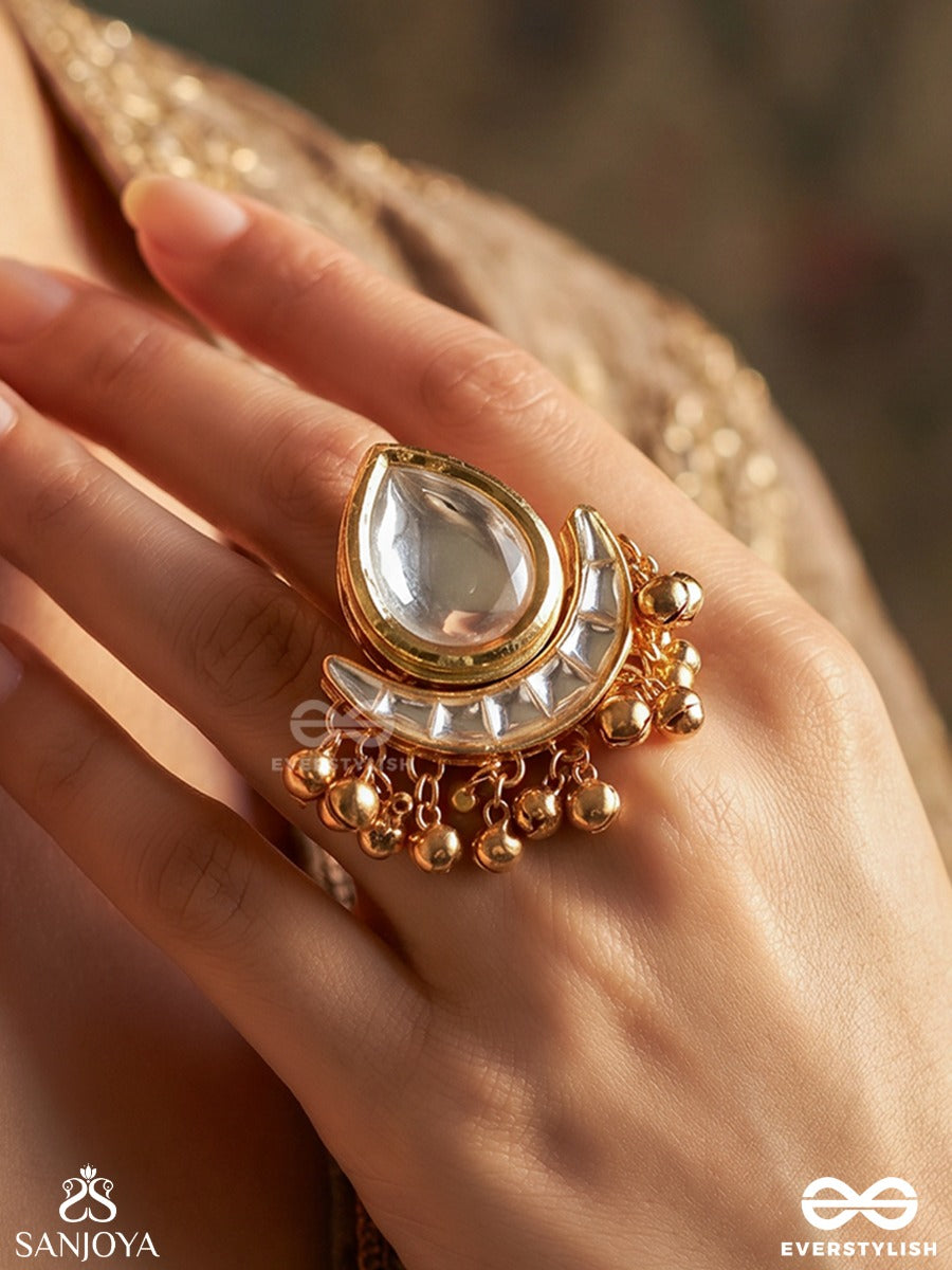 Kashirindu – Kashmiri Moon – Ornate Kashmiri Ring With Teardrop Mirror Stone, Crescent Base And Gold-Tone Bead Fringe