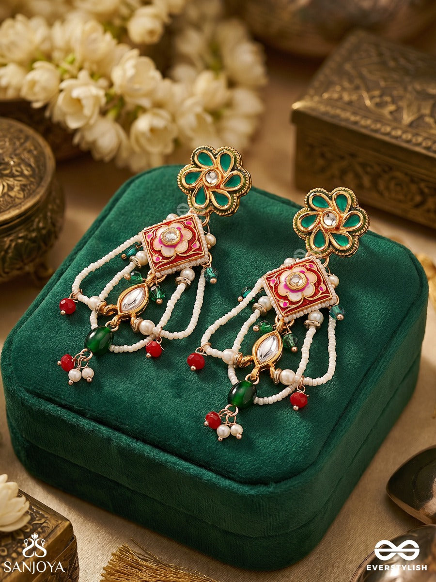 Navrangi – Nine-Hued Grace – Festive Earrings With Floral Top Detail, Geometric Center Motif, Green Bead Accents And Dainty Drop Chains