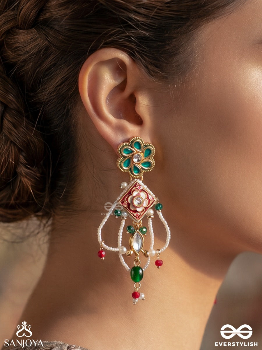 Navrangi – Nine-Hued Grace – Festive Earrings With Floral Top Detail, Geometric Center Motif, Green Bead Accents And Dainty Drop Chains