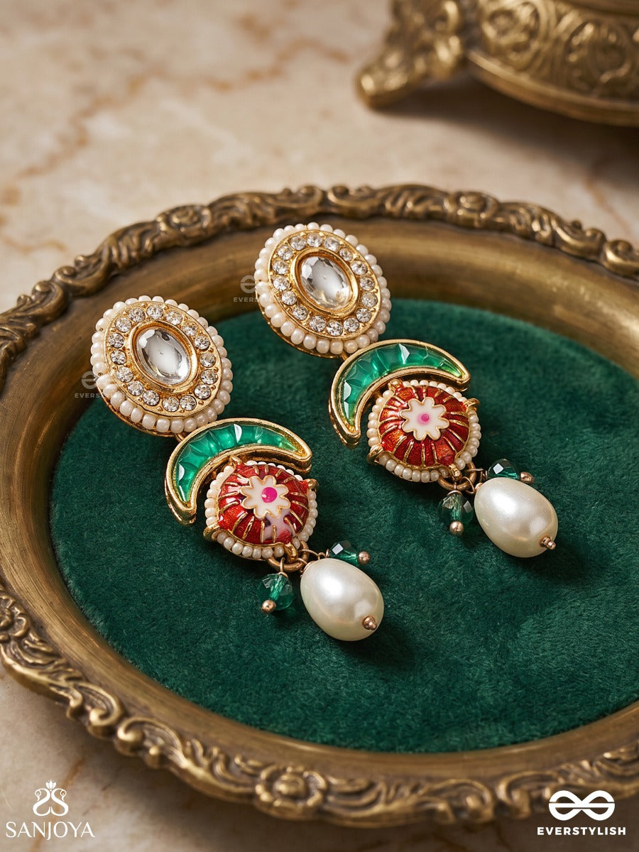 Miraya – Admirable Grace – Traditional Earrings With Pearl-Bordered Oval Studs, Green Arc Motif, Colourful Center Detail And Pearl Danglers