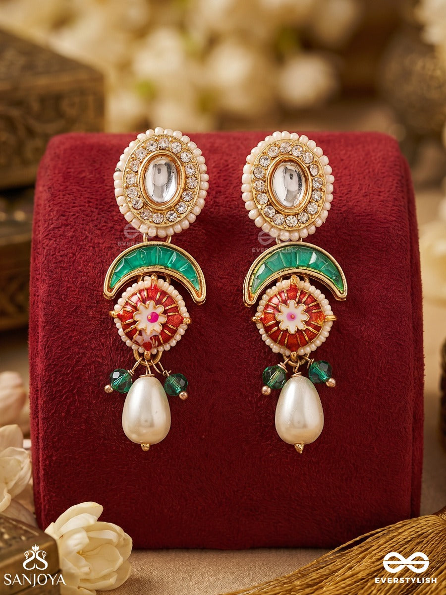 Miraya – Admirable Grace – Traditional Earrings With Pearl-Bordered Oval Studs, Green Arc Motif, Colourful Center Detail And Pearl Danglers