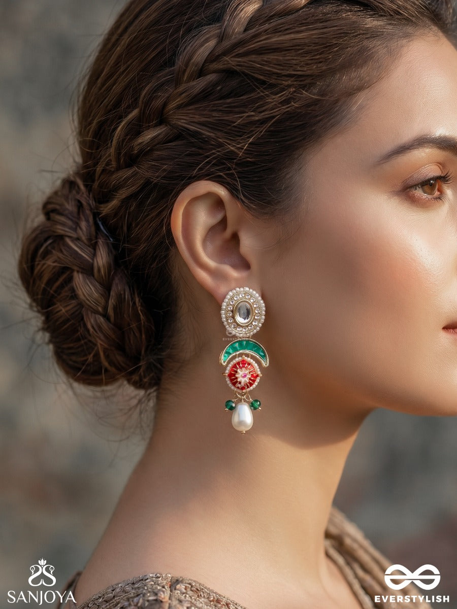 Miraya – Admirable Grace – Traditional Earrings With Pearl-Bordered Oval Studs, Green Arc Motif, Colourful Center Detail And Pearl Danglers