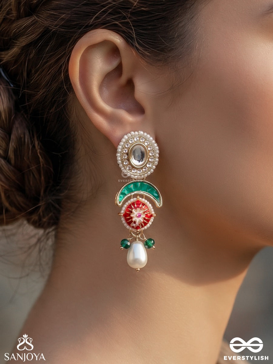 Miraya – Admirable Grace – Traditional Earrings With Pearl-Bordered Oval Studs, Green Arc Motif, Colourful Center Detail And Pearl Danglers