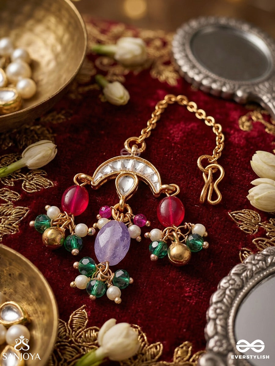 Rangchhavi – Coloured Allure – Delicate Maangtika With Decorative Top Chain, Arched Pendant Detail And Multi-Colour Dangling Stone Accents