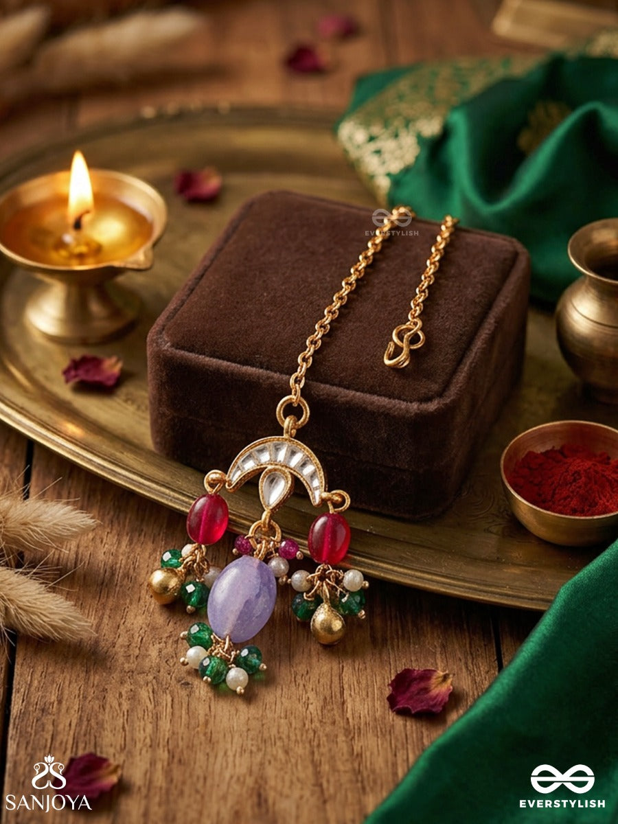 Rangchhavi – Coloured Allure – Delicate Maangtika With Decorative Top Chain, Arched Pendant Detail And Multi-Colour Dangling Stone Accents
