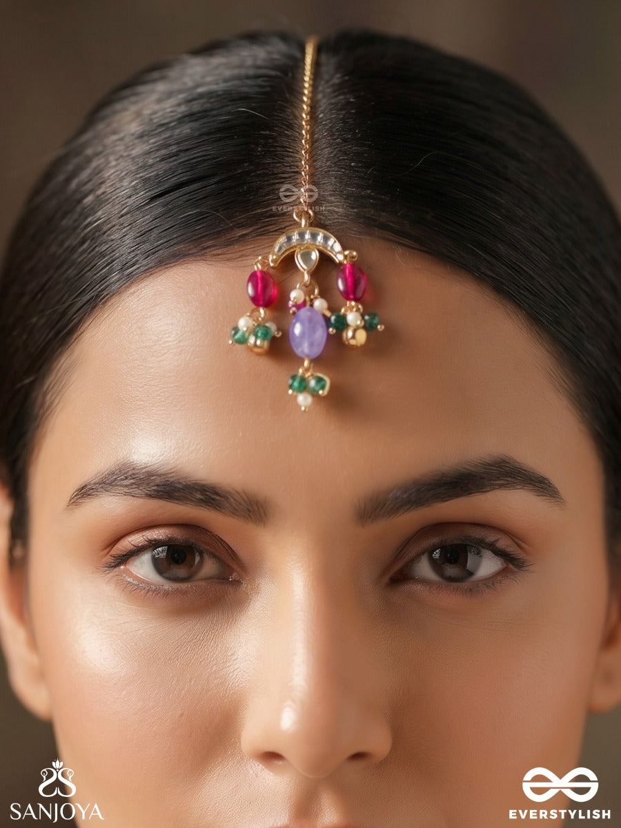 Rangchhavi – Coloured Allure – Delicate Maangtika With Decorative Top Chain, Arched Pendant Detail And Multi-Colour Dangling Stone Accents