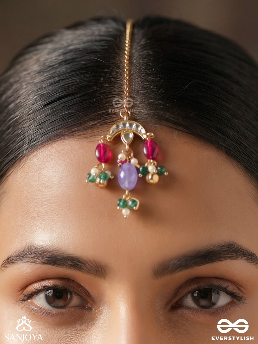 Rangchhavi – Coloured Allure – Delicate Maangtika With Decorative Top Chain, Arched Pendant Detail And Multi-Colour Dangling Stone Accents