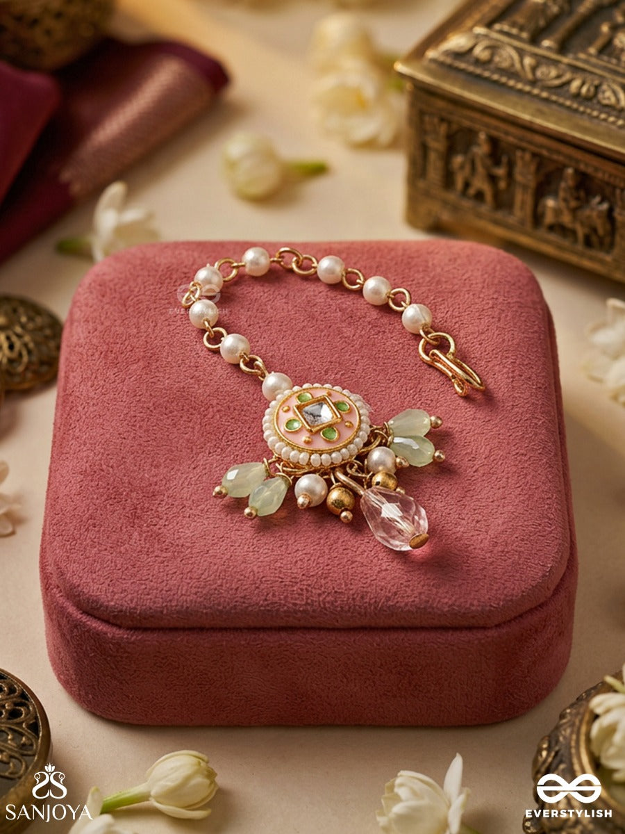Madhurima – Sweet Grace – Festive Maangtika With Floral Center Detail, Gold-Tone Framework And Soft Pearl-Bead Hangings