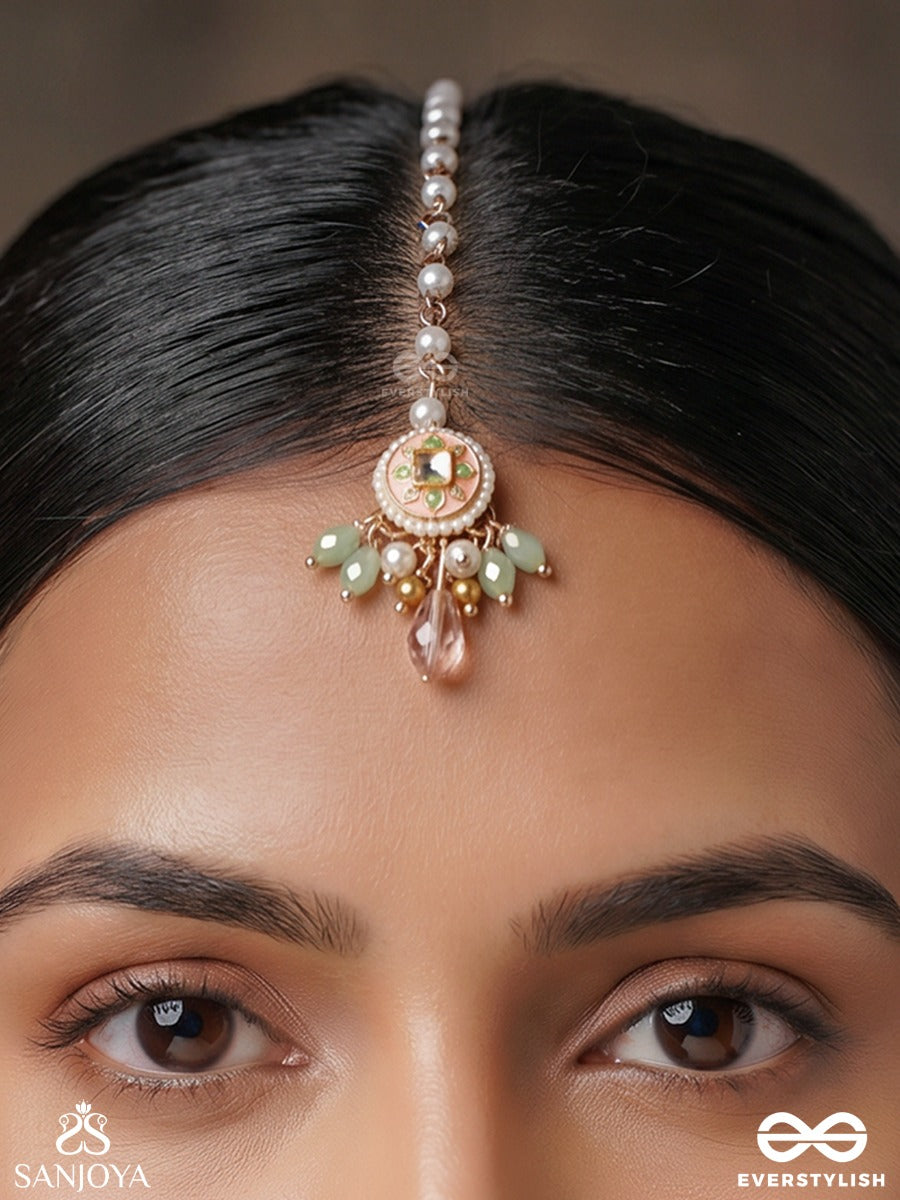 Madhurima – Sweet Grace – Festive Maangtika With Floral Center Detail, Gold-Tone Framework And Soft Pearl-Bead Hangings