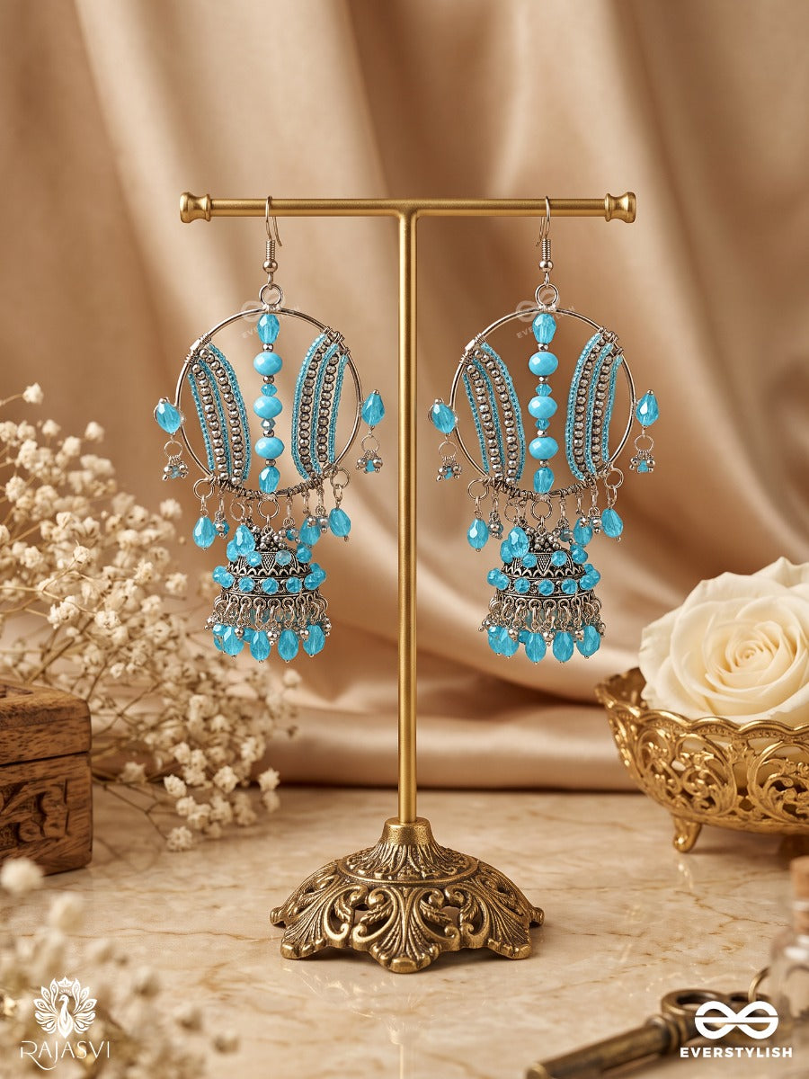 Jaltarang Toran – Oxidised Blue Bead Crystal Jhumki Statement Earrings