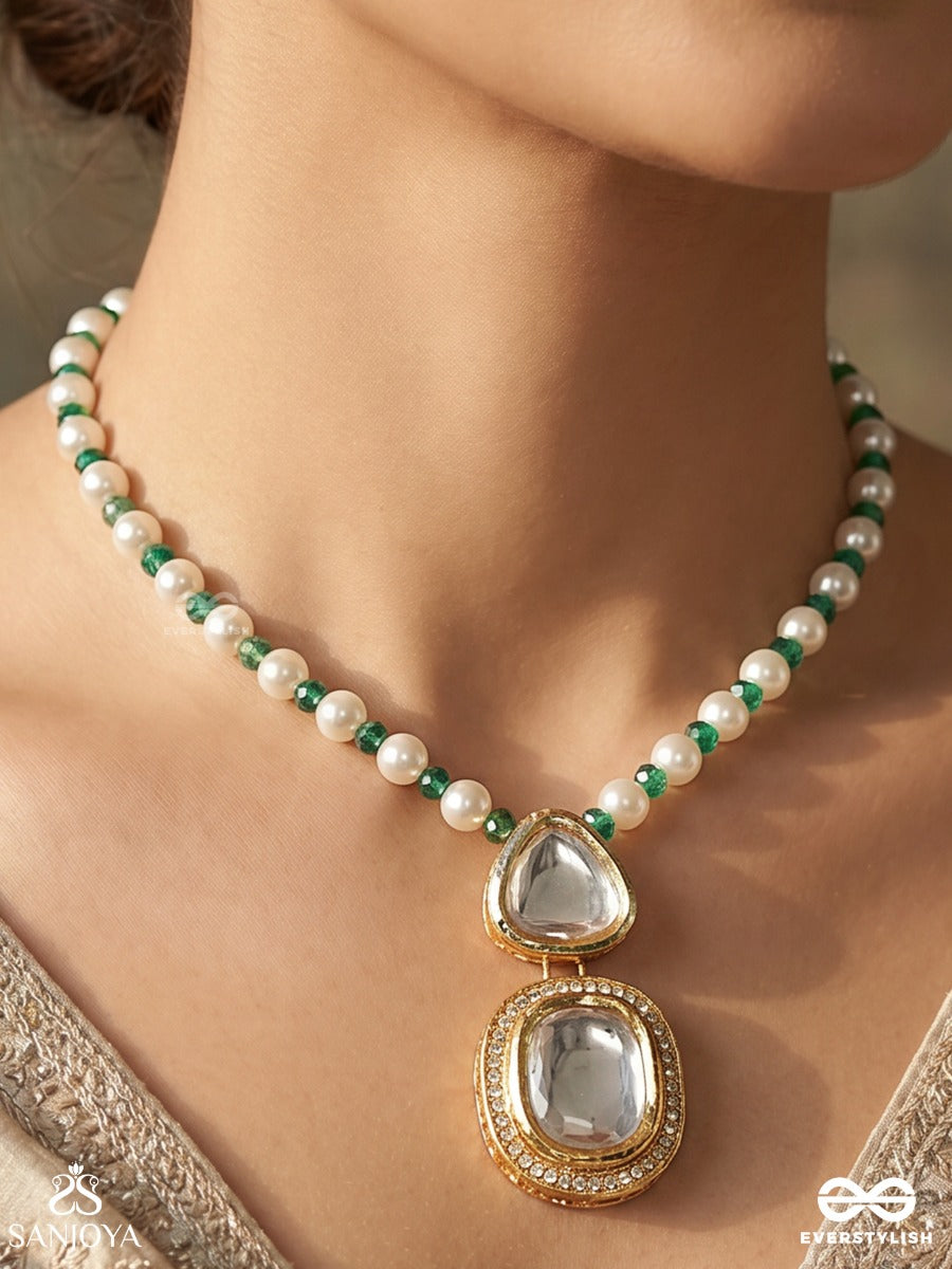 Neermaala – Water Garland – Elegant Necklace With Fine Green Beadwork And Central Stone Motif