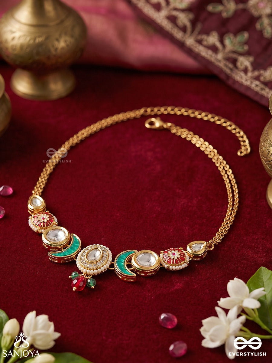 Meenrachna – Enamelled Creation – Elegant Necklace With Curved Crescent Motifs, Red Stone Accents And Delicate Gold-Tone Chain Detailing