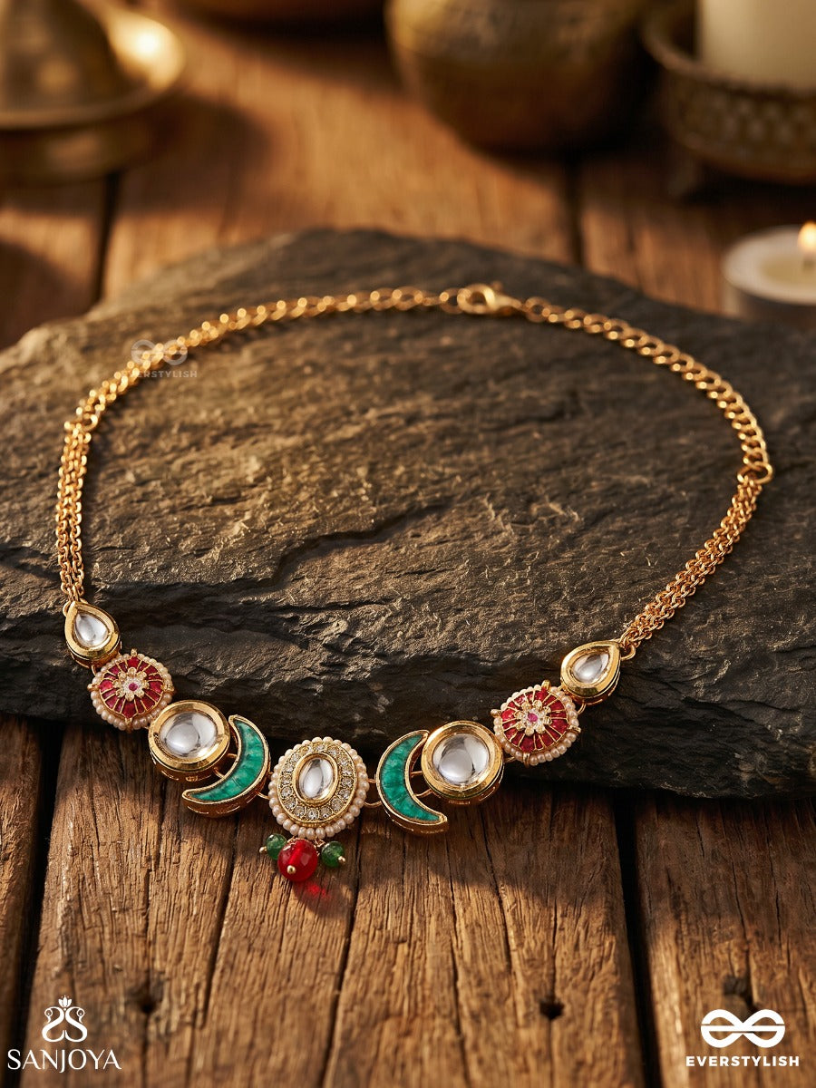 Meenrachna – Enamelled Creation – Elegant Necklace With Curved Crescent Motifs, Red Stone Accents And Delicate Gold-Tone Chain Detailing