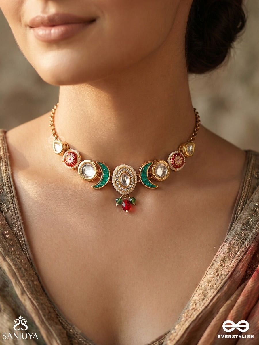 Meenrachna – Enamelled Creation – Elegant Necklace With Curved Crescent Motifs, Red Stone Accents And Delicate Gold-Tone Chain Detailing