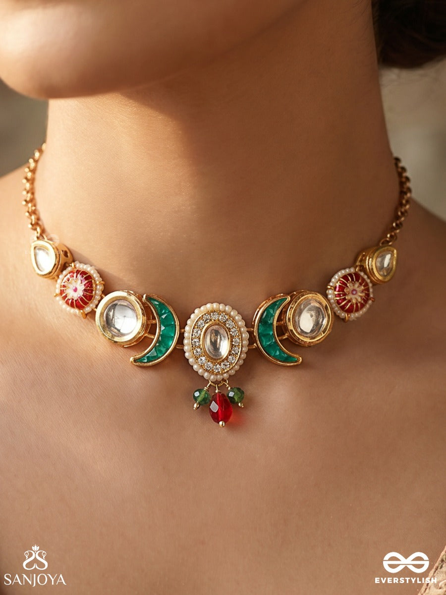 Meenrachna – Enamelled Creation – Elegant Necklace With Curved Crescent Motifs, Red Stone Accents And Delicate Gold-Tone Chain Detailing