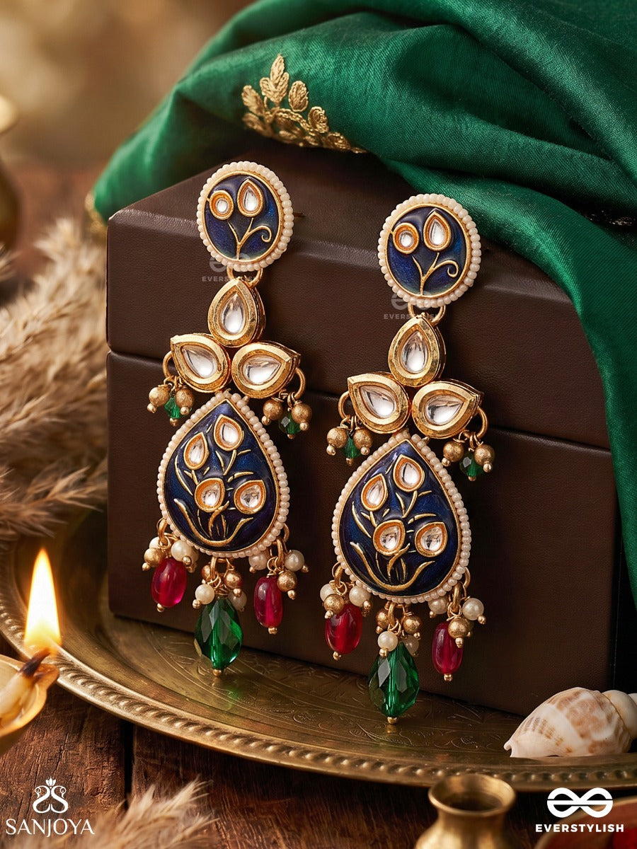 Meenara – Enamelled Charm – Elegant Earrings With Navy Enamel Motifs, Ornamental Center Detail, Pearl Accents And Pink-Green Drop Hangings