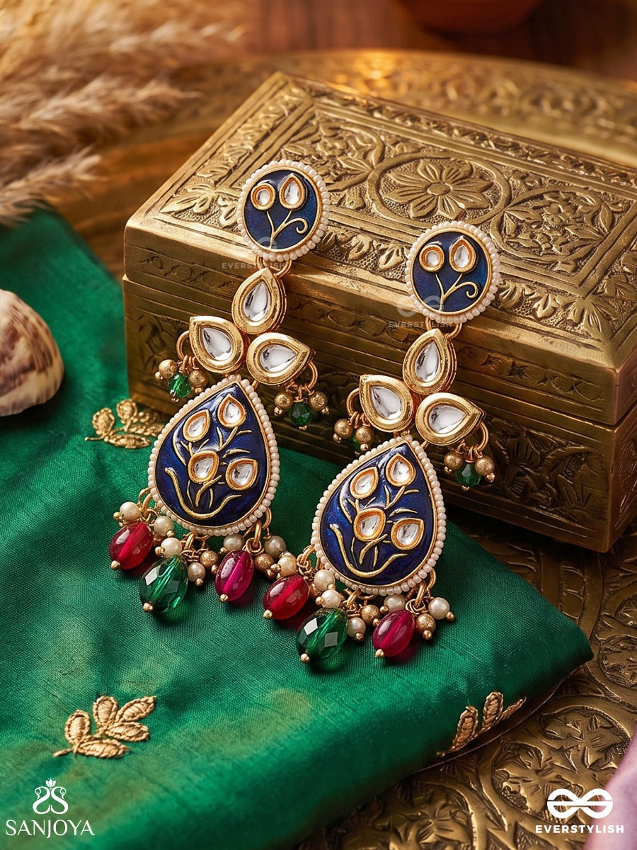 Meenara – Enamelled Charm – Elegant Earrings With Navy Enamel Motifs, Ornamental Center Detail, Pearl Accents And Pink-Green Drop Hangings