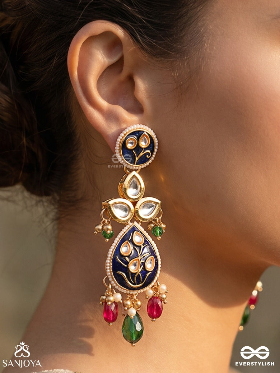 Meenara – Enamelled Charm – Elegant Earrings With Navy Enamel Motifs, Ornamental Center Detail, Pearl Accents And Pink-Green Drop Hangings