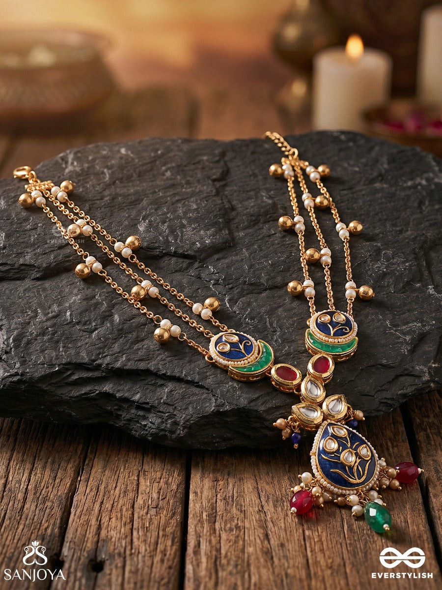 Meenara – Enamelled Charm – Festive Necklace With Navy Enamel Details, Pearl-Lined Strands, Gold-Tone Side Links And Multi-Colour Dangling Accents
