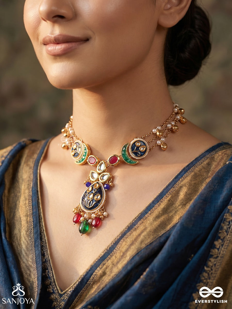 Meenara – Enamelled Charm – Festive Necklace With Navy Enamel Details, Pearl-Lined Strands, Gold-Tone Side Links And Multi-Colour Dangling Accents