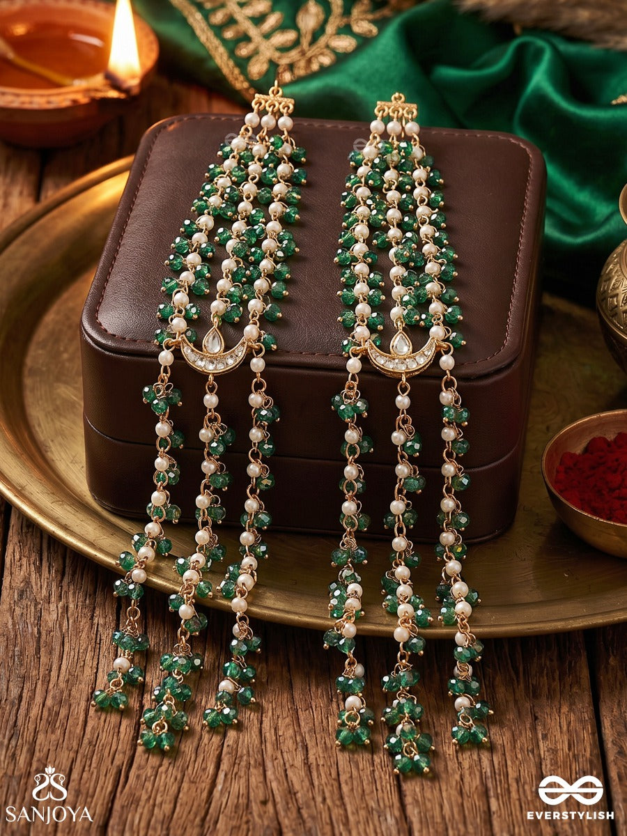Haripankhi – Green Petal Grace – Ornate Kaan Chain Earrings With Floral Green Motifs, Linked Chain Detailing And Delicate Pearl-Bead Danglers
