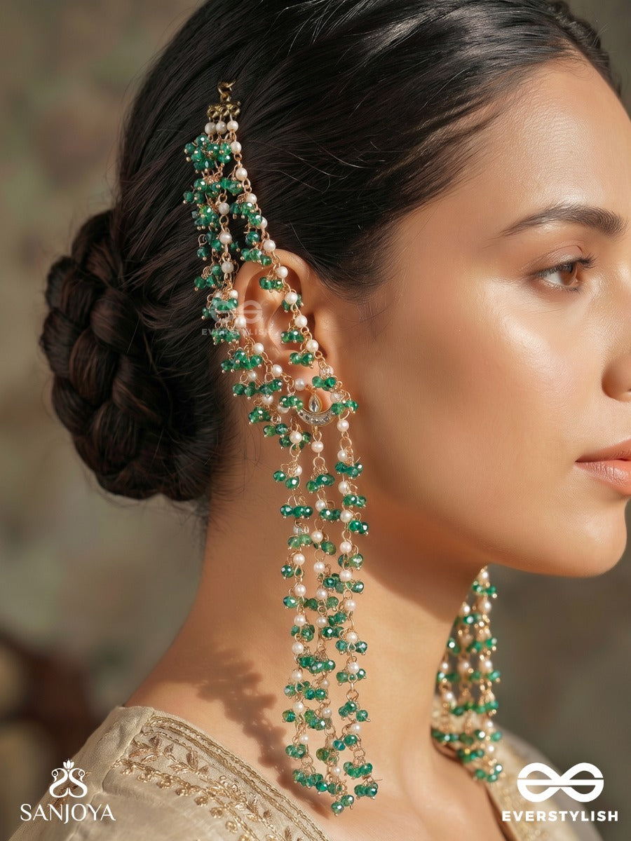 Haripankhi – Green Petal Grace – Ornate Kaan Chain Earrings With Floral Green Motifs, Linked Chain Detailing And Delicate Pearl-Bead Danglers