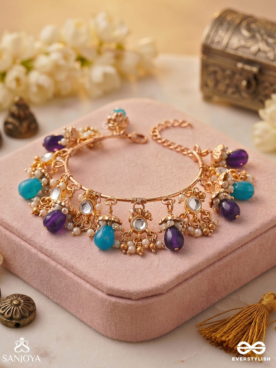 Sajraani – Adorned Royalty – Festive Single Piece Bracelet With Gold-Tone Charm Clusters, Mirror Details, Aqua Drops And Purple Bead Hangings