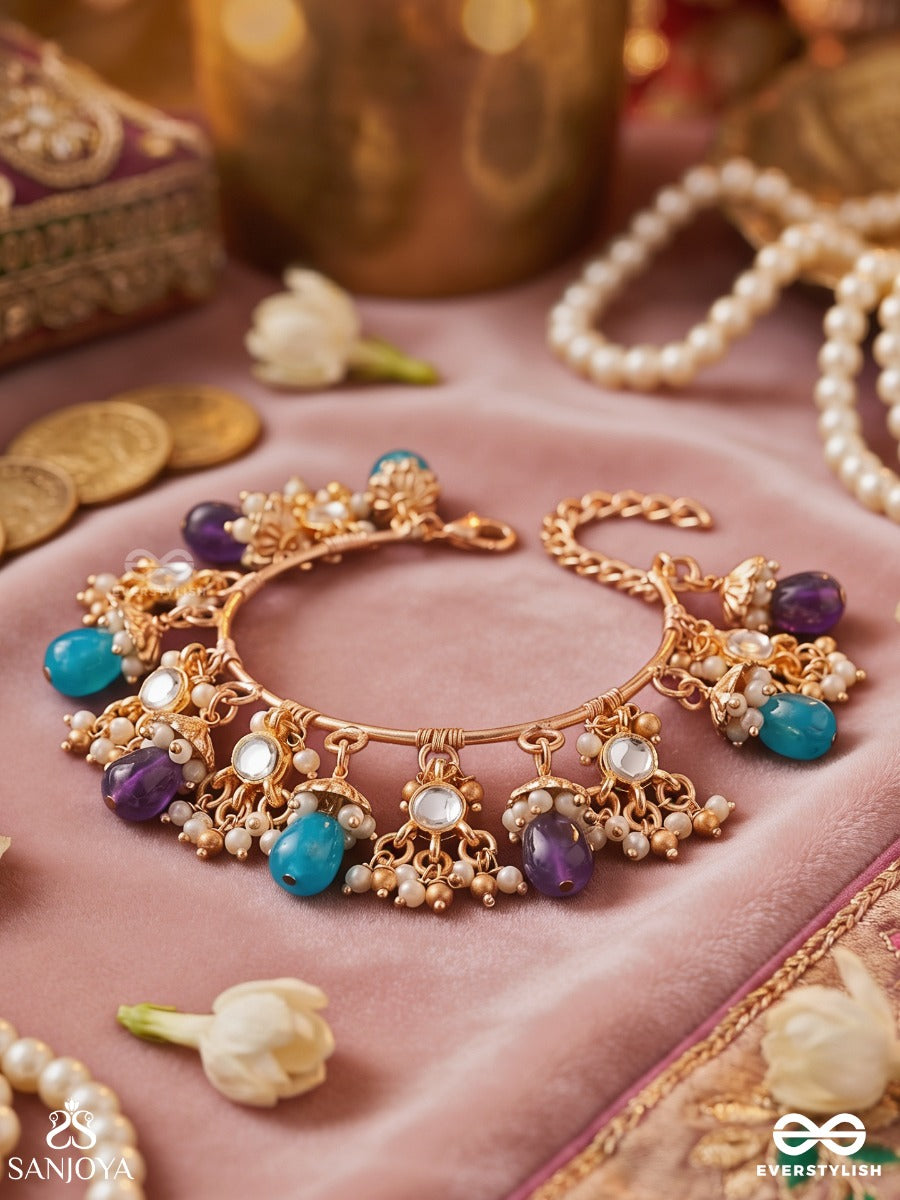 Sajraani – Adorned Royalty – Festive Single Piece Bracelet With Gold-Tone Charm Clusters, Mirror Details, Aqua Drops And Purple Bead Hangings