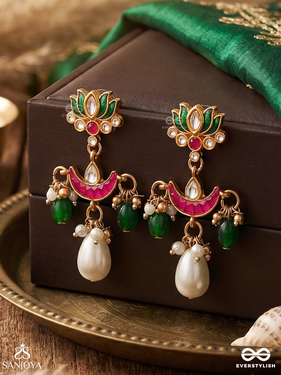 Haripadma – Green Lotus – Ornate Earrings With Lotus Top Motif, Pink Crescent Detail, Green Bead Hangings And A Statement Pearl Drop