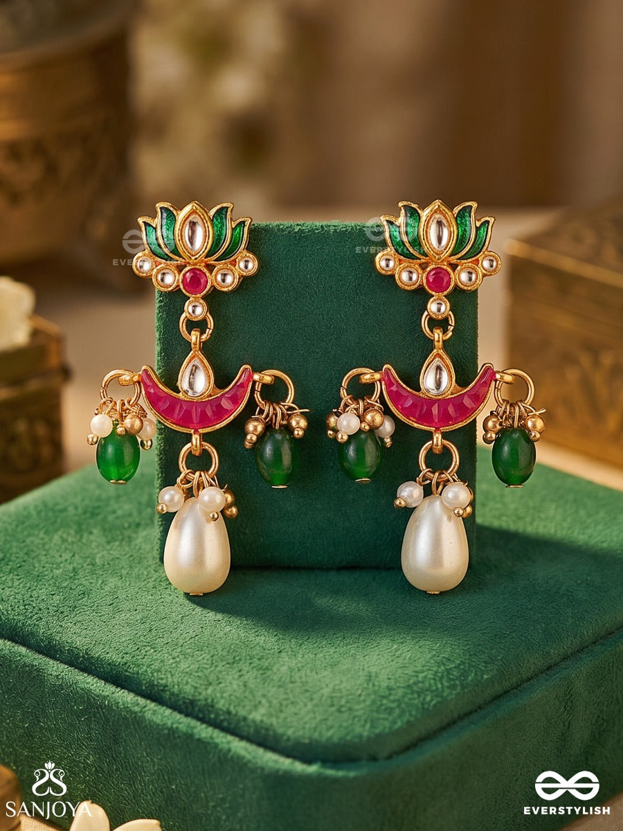 Haripadma – Green Lotus – Ornate Earrings With Lotus Top Motif, Pink Crescent Detail, Green Bead Hangings And A Statement Pearl Drop