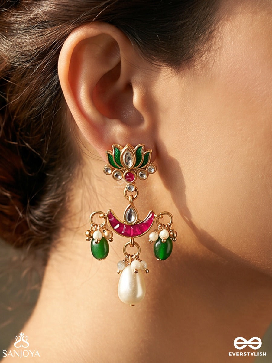 Haripadma – Green Lotus – Ornate Earrings With Lotus Top Motif, Pink Crescent Detail, Green Bead Hangings And A Statement Pearl Drop