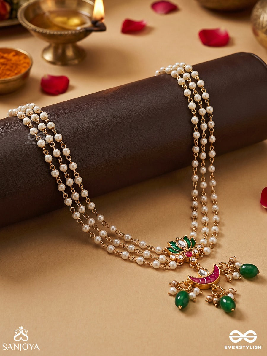 Haripadma – Green Lotus – Festive Necklace With Pearl-Lined Strands, Green Drop Accents, Pink Crescent Detail And Ornamental Gold-Tone Centerpiece