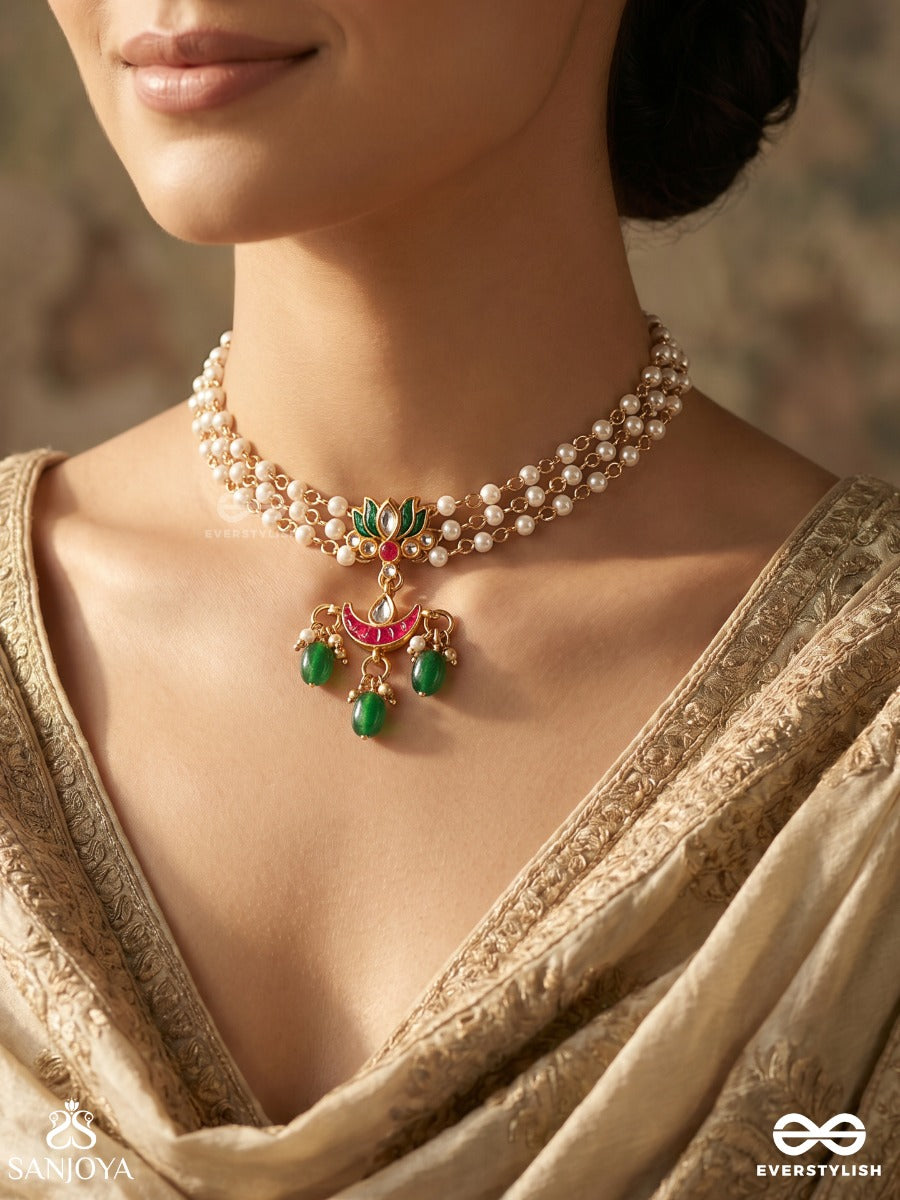 Haripadma – Green Lotus – Festive Necklace With Pearl-Lined Strands, Green Drop Accents, Pink Crescent Detail And Ornamental Gold-Tone Centerpiece