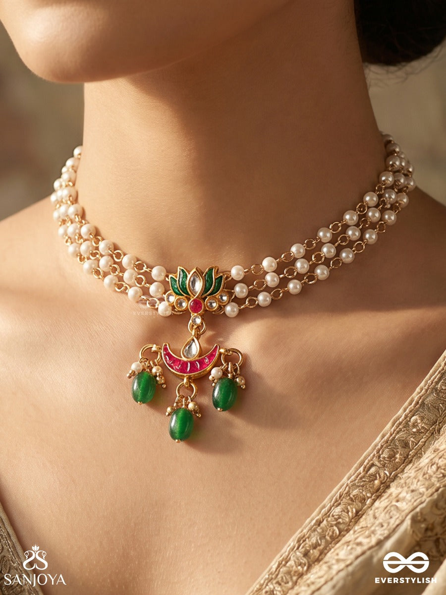 Haripadma – Green Lotus – Festive Necklace With Pearl-Lined Strands, Green Drop Accents, Pink Crescent Detail And Ornamental Gold-Tone Centerpiece