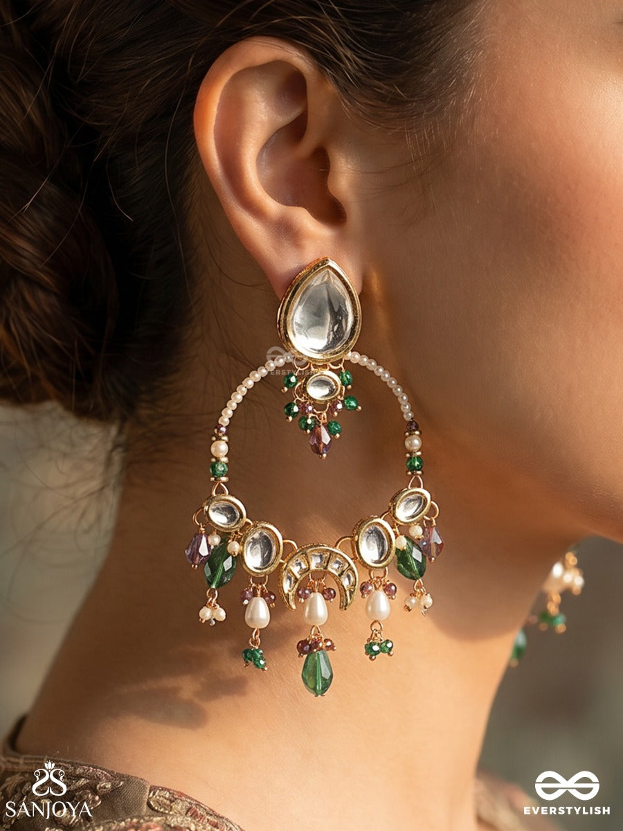 Pannachhavi – Emerald Reflection – Festive Earrings With Mirror-Like Top Stone, Green Bead Drops, Pearl Accents And Ornamental Arch Design
