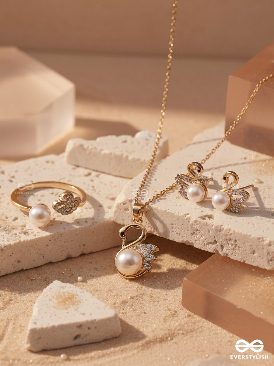 Bloom Kiss – Floral Pearl Necklace, Ring & Stud Earrings Set