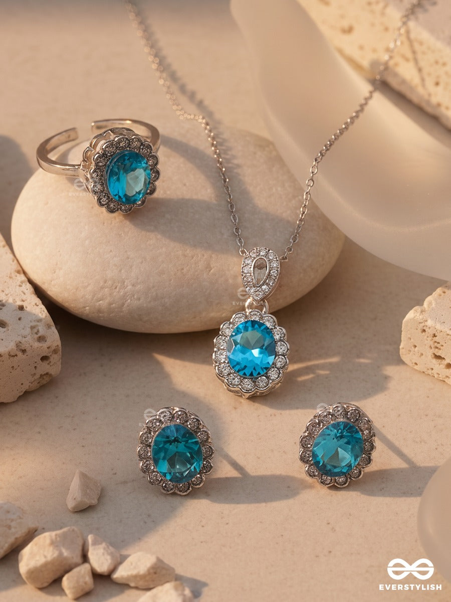 Blue Reverie – Crystal Ocean Toned Necklace, Ring & Earrings Set