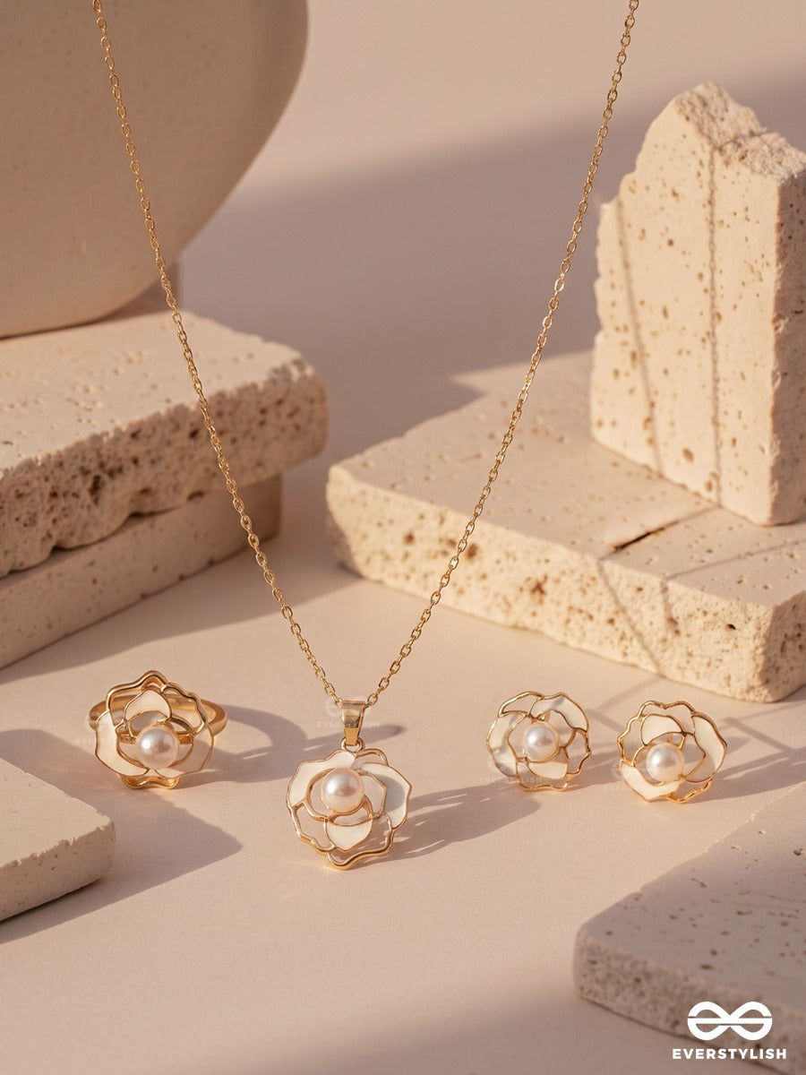 Roselune – Pearl Flower Necklace, Ring & Earrings Set