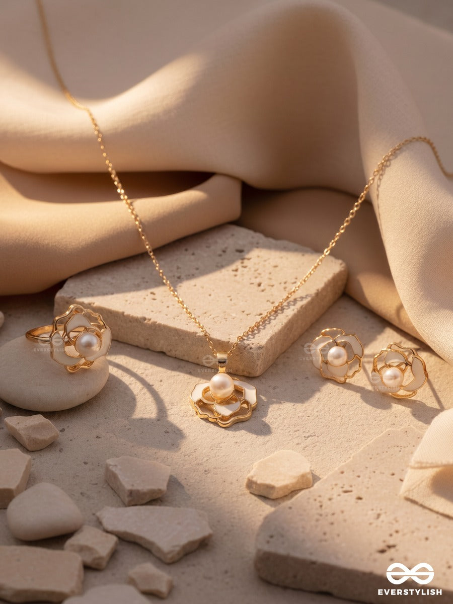 Roselune – Pearl Flower Necklace, Ring & Earrings Set