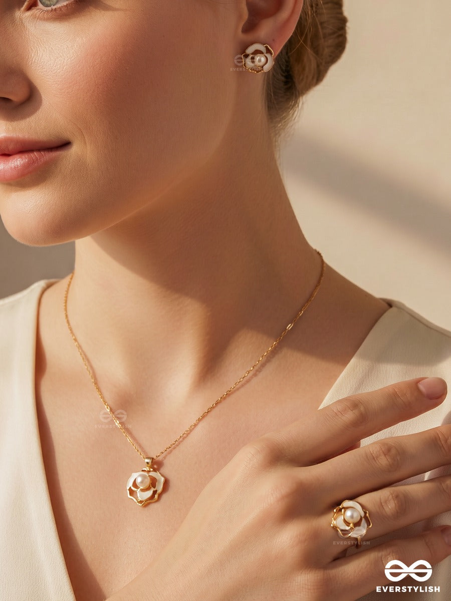 Roselune – Pearl Flower Necklace, Ring & Earrings Set